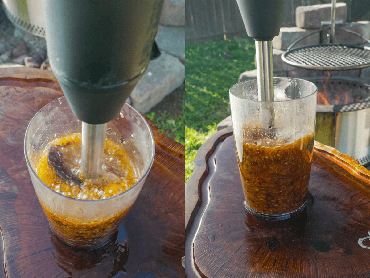 The Salsa is mashed with an immersion blender.