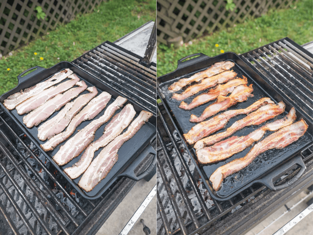 The bacon cooks up on the plancha, the cast iron skillet that lays on the FYR Grill.