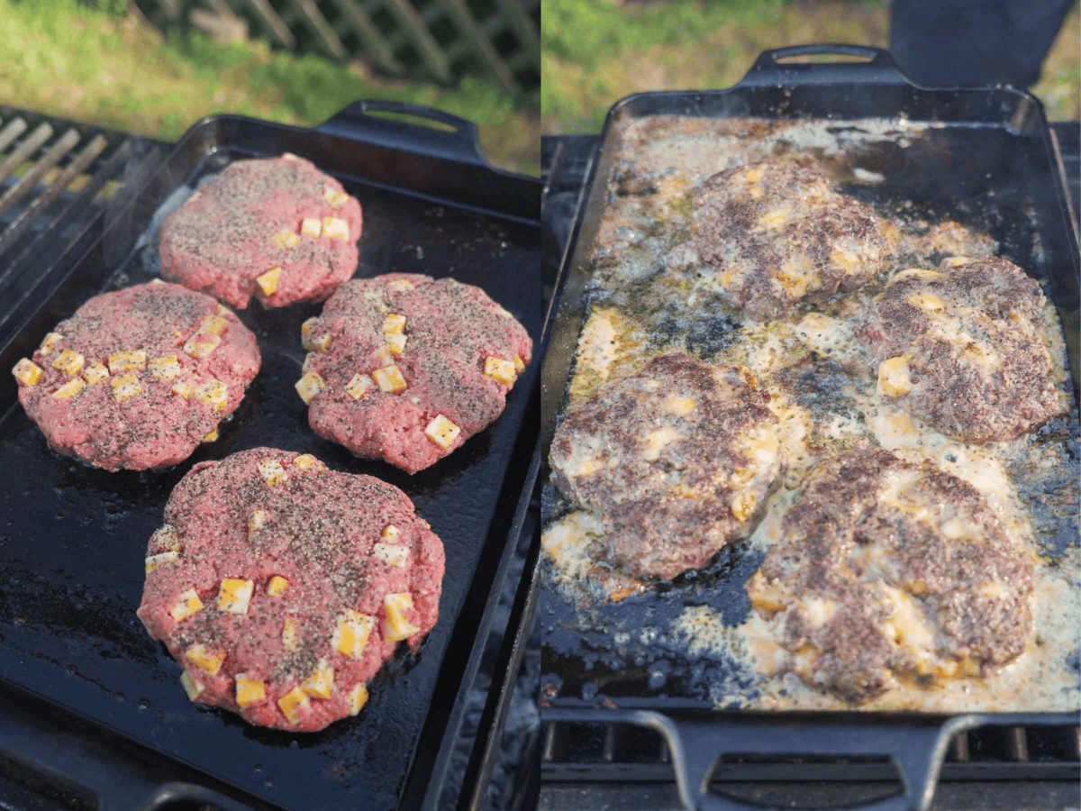 Raw burger patties stuffed with cheese for stuffed patty melts, then cooked on a skillet on the grill