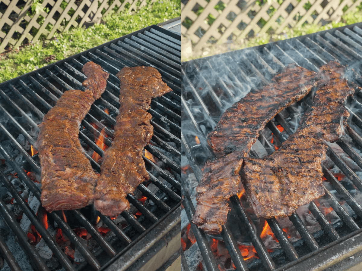 Raw and cooked skirt steak on a grill