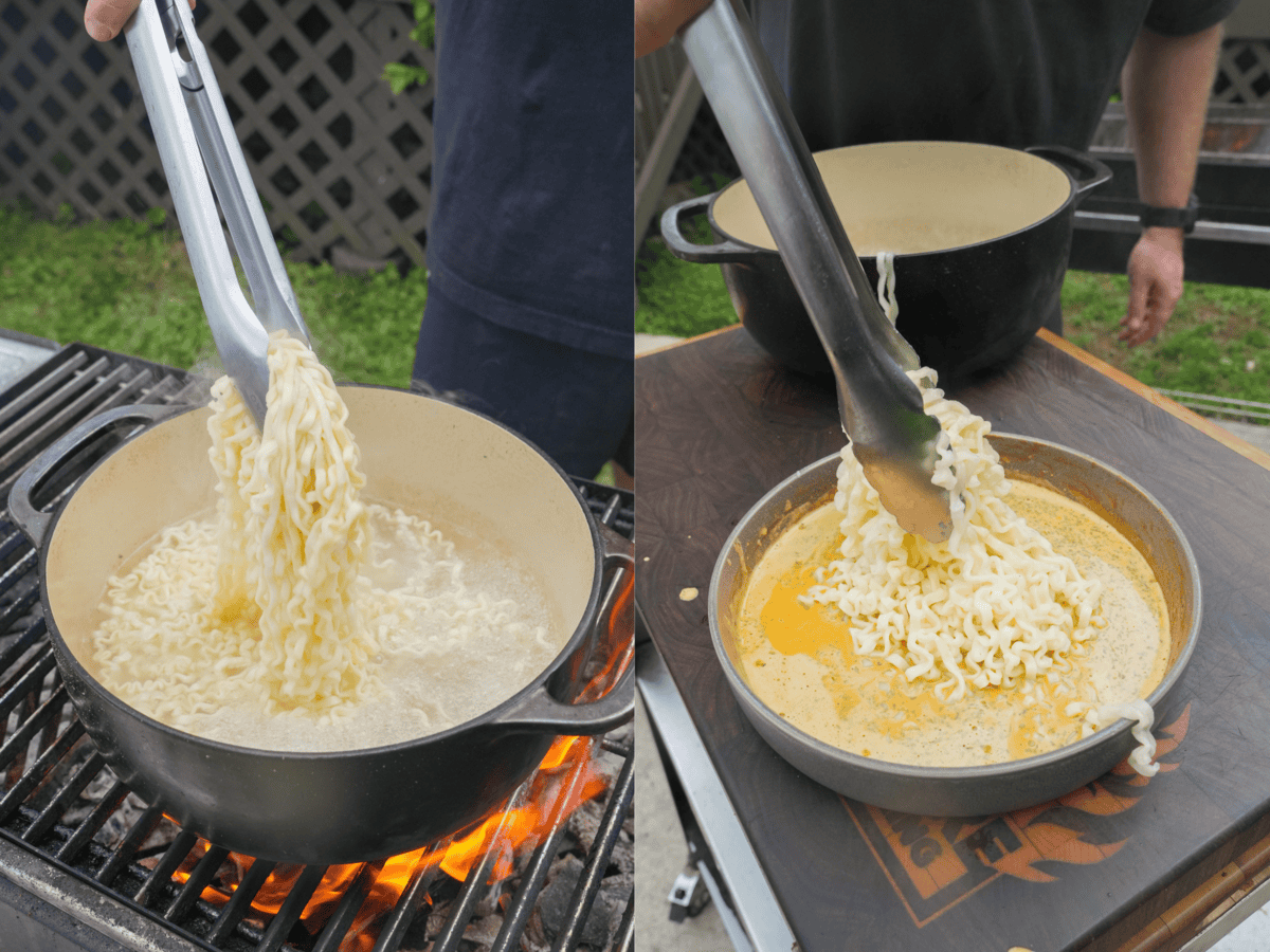 Adding ramen noodles to a bowl with sauce made of Buldak packets, mayonnaise and more