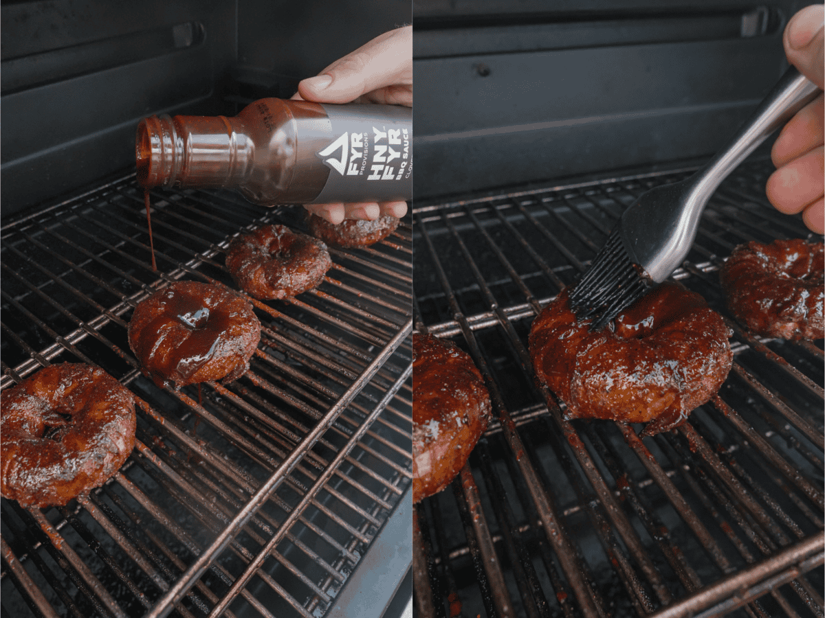 Basting Texas Twinkie onion rings with HNY FYR BBQ Sauce on the grill