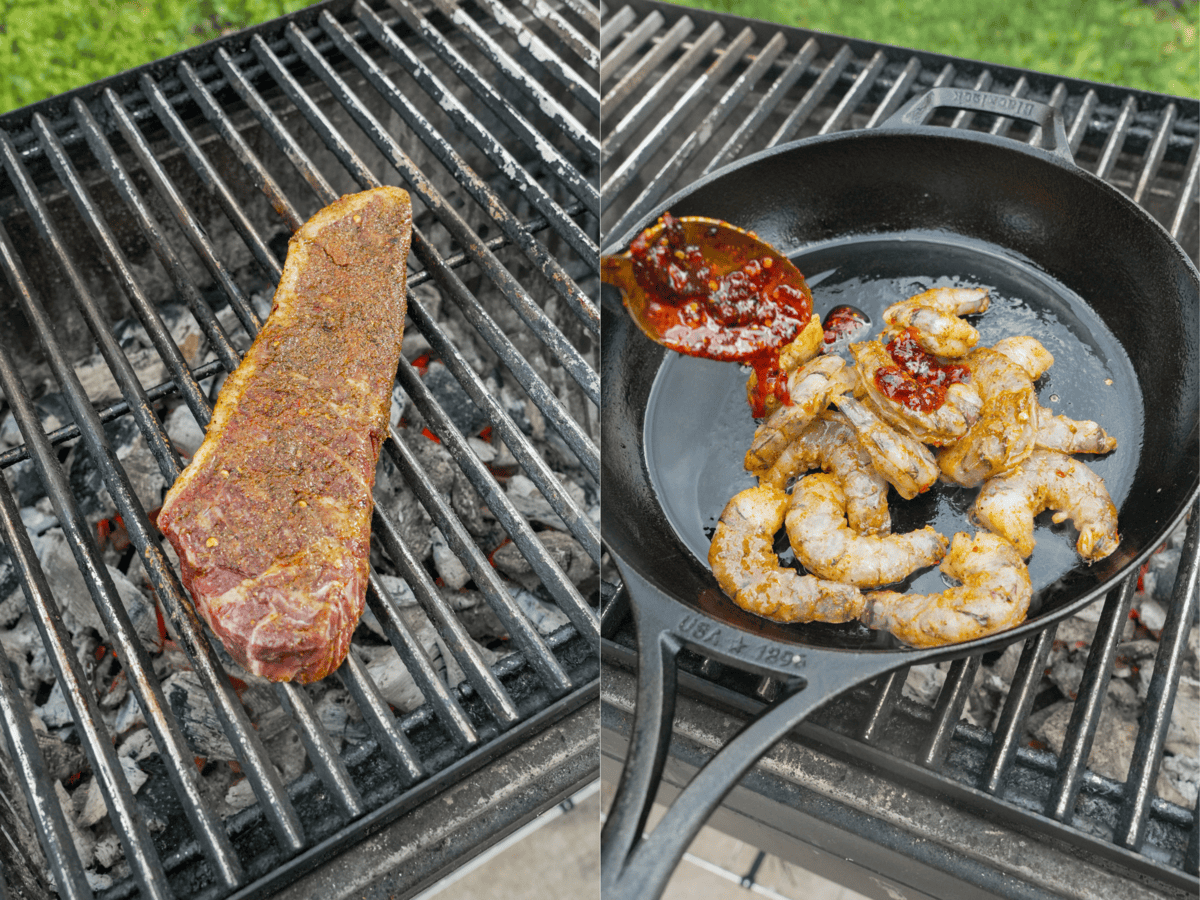 Grilling steak and sauteeing shrimp in a cast iron skillet on the grill