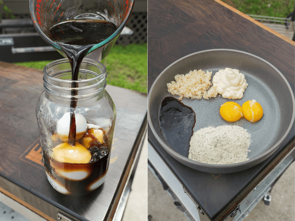 Marinating cooked eggs in soy sauce mixture in a mason jar and assembling ingredients for ramen noodles