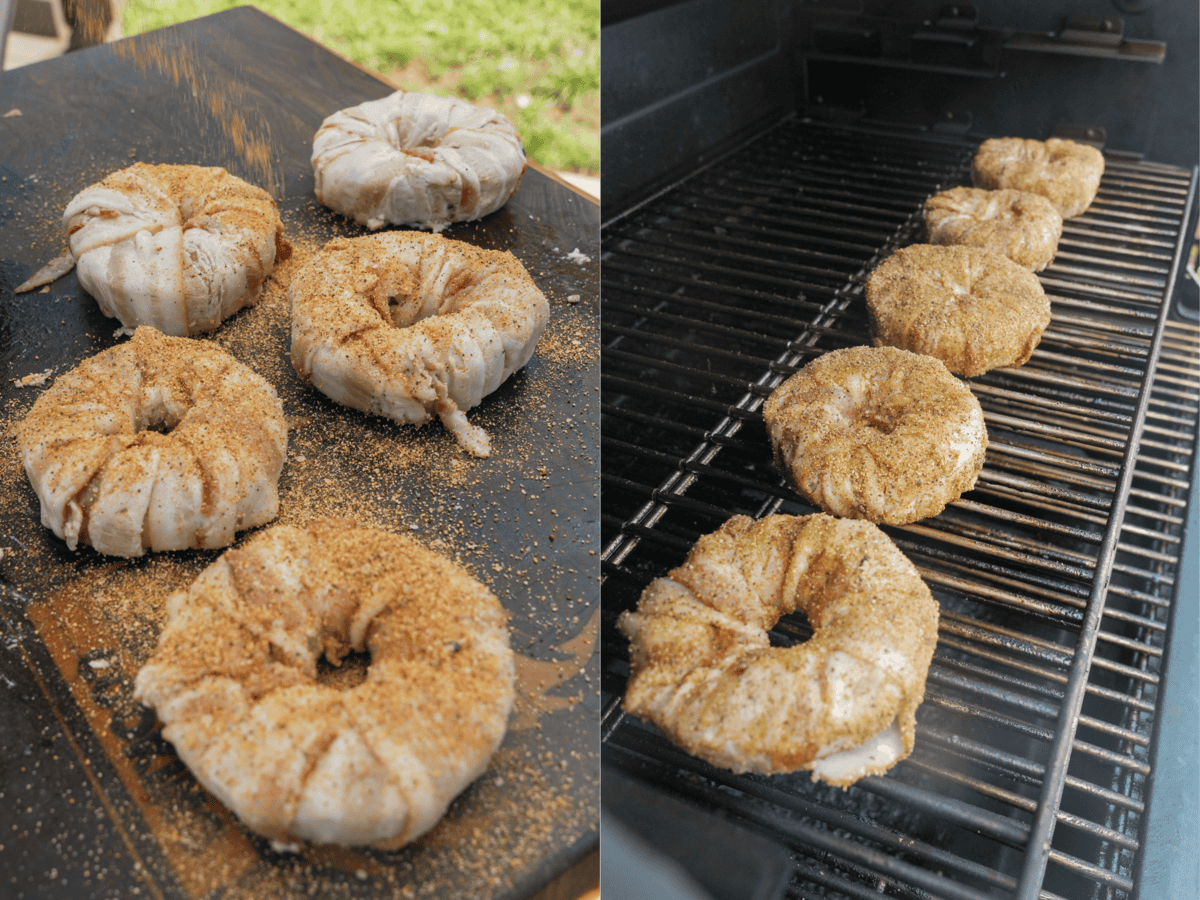 Seasoning bacon wrapped onion rings with BBQ rub