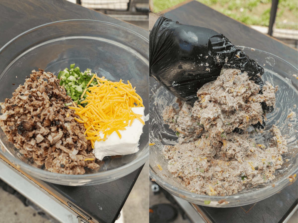Assembling Texas Twinkie filling with chopped brisket, cream cheese, cheddar cheese and jalapeños