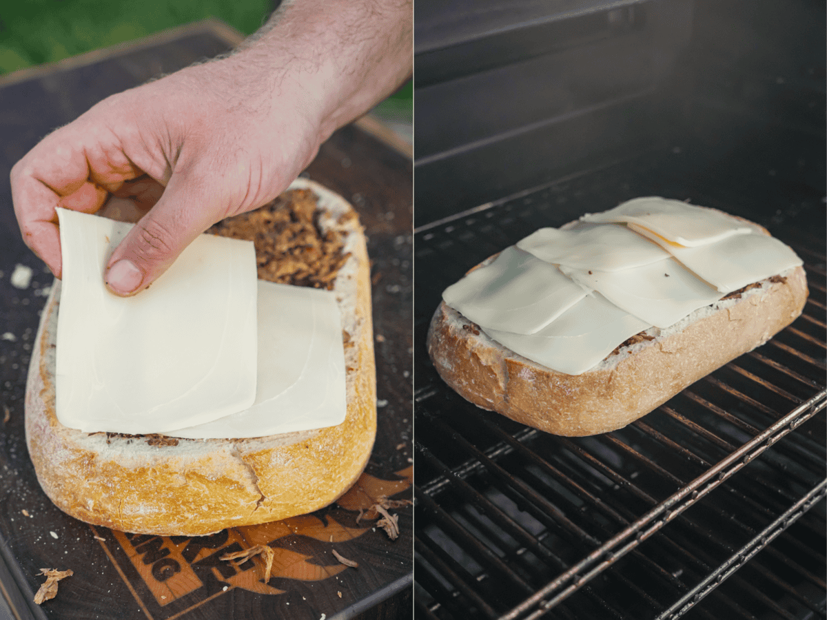 The cheese is layered over the top of the beef to make a gooey taste sensation in your mouth.