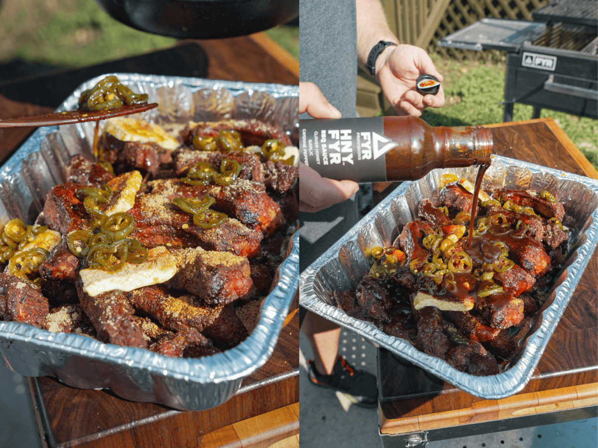 These smoked ribs bring the party with perfectly tender meat. In this photo, the Cowboy Candy and BBQ sauce is poured over for the perfect flavors.