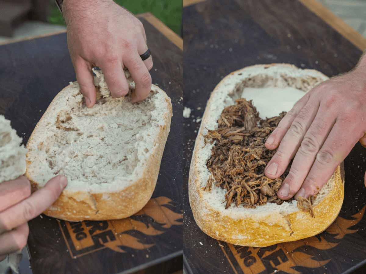 The bread is hollowed out so that we can stuff it with the best birria beef you've ever tasted.