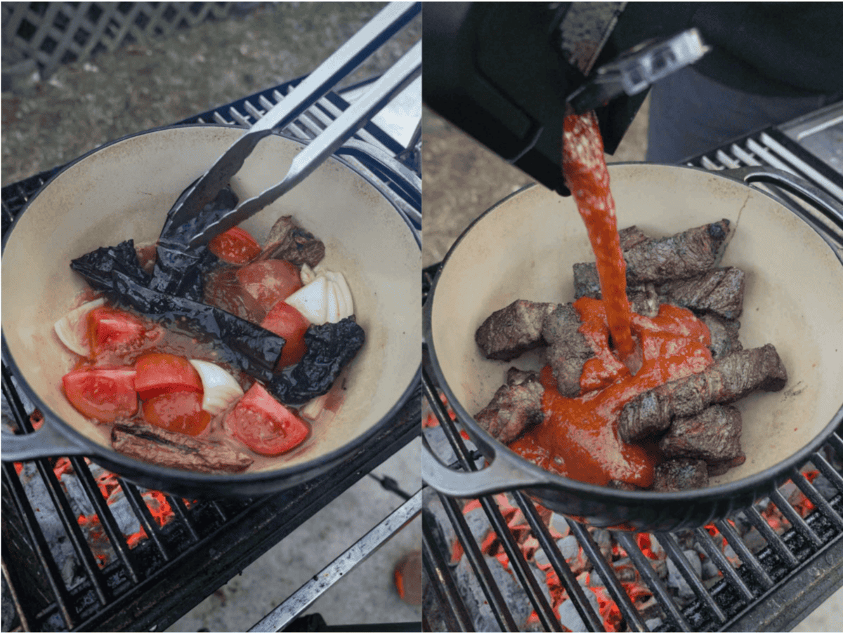 Charring, rehydrating and pureeing ancho, guajillo and chipotle chiles for birria