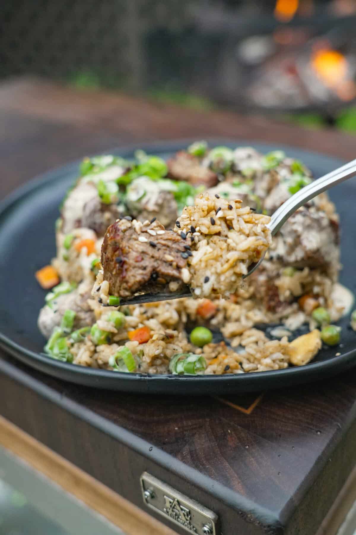 A close up of a forkful of steak fried rice, with the plate in the background