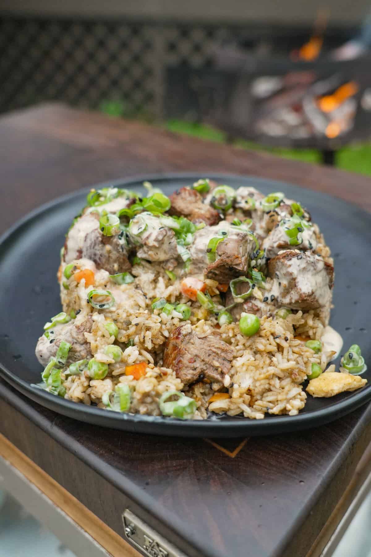 Digging into a platter of steak fried rice with eggs, peas, carrots and garnishes