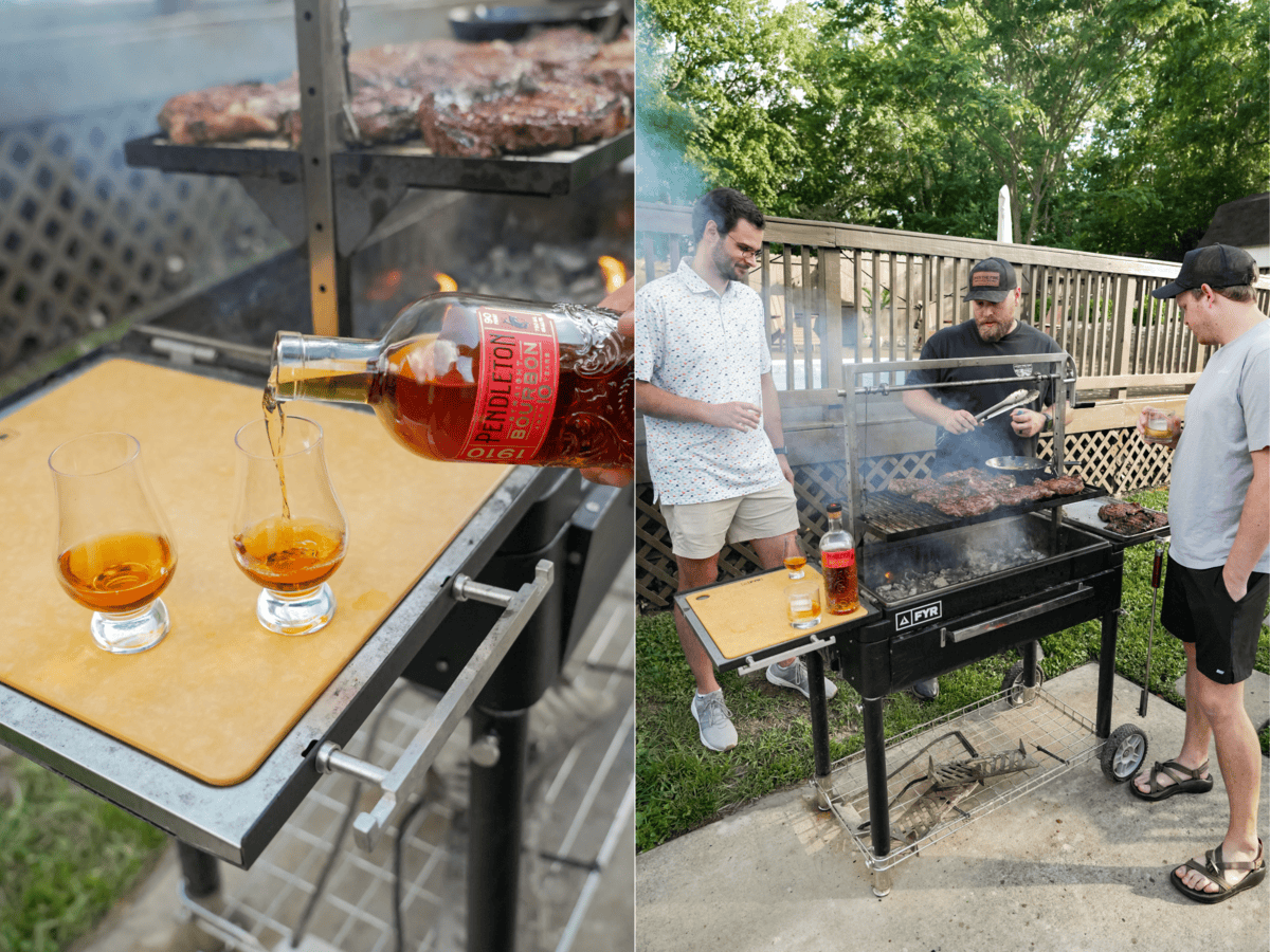 Pouring a glass of Pendleton Whisky out of the bottle and friends gathered around the FYR Grill relaxing and enjoying grilled steaks