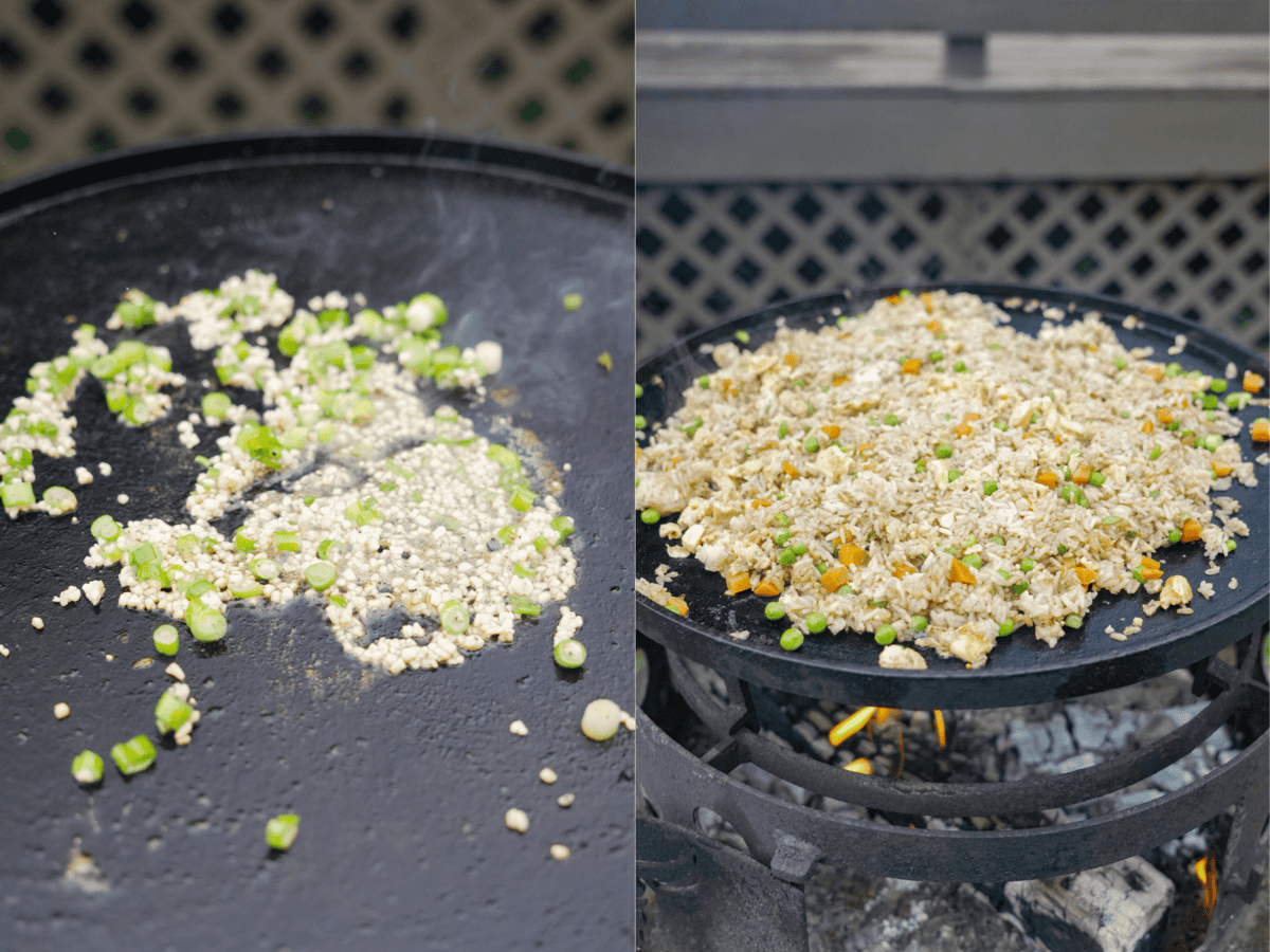 Frying rice in a black stone on the grill
