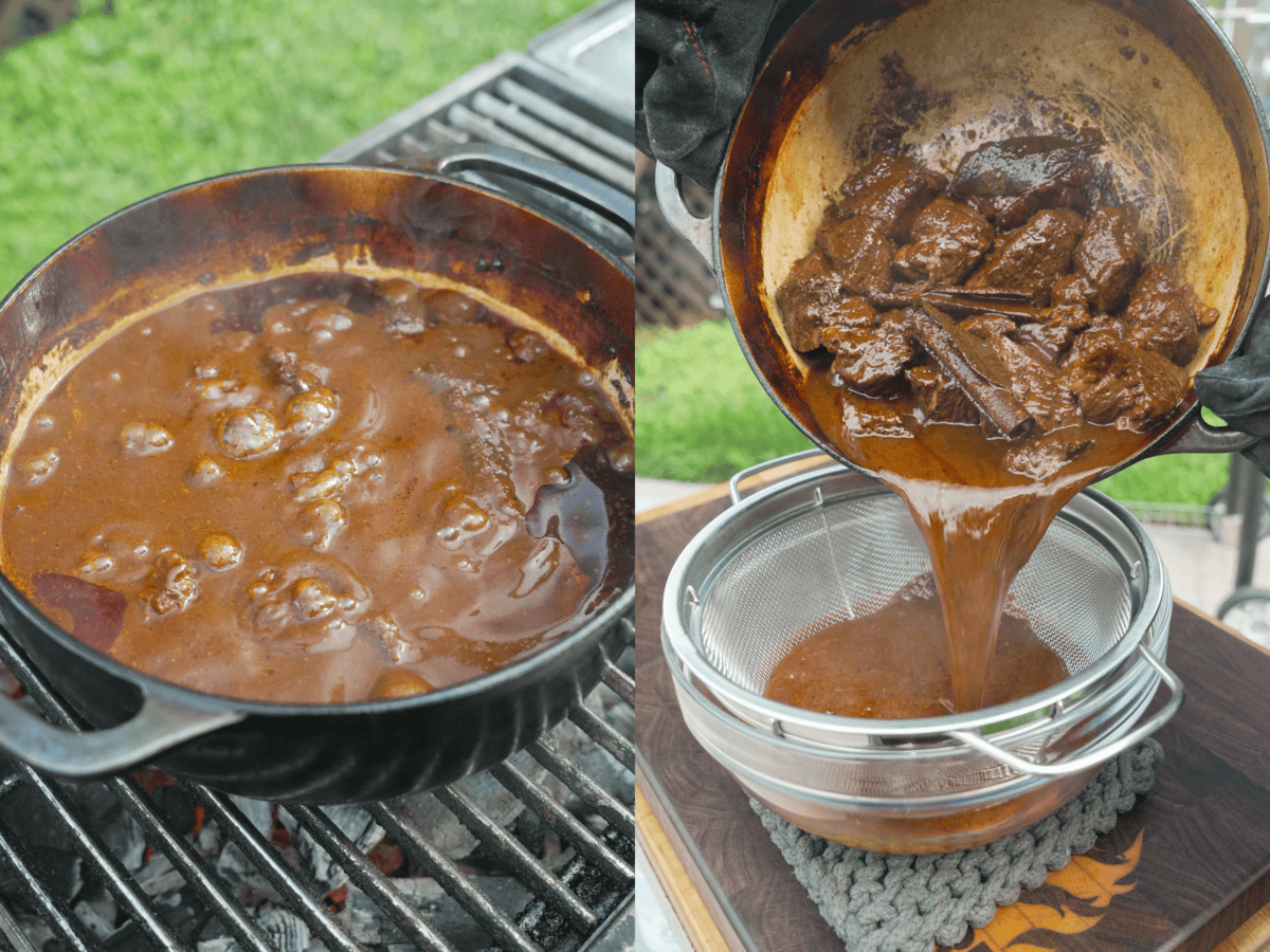 Two shots of birria in process, one with the beef in the braise and other draining out the consomme from the Dutch oven and leaving the beef behind