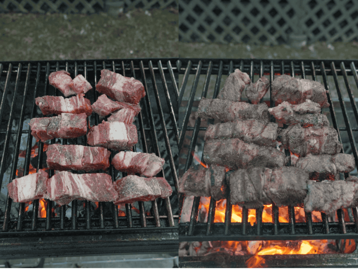 Searing raw cubes of chuck roast on the grill, with a shot of cooked chuck roast cubes