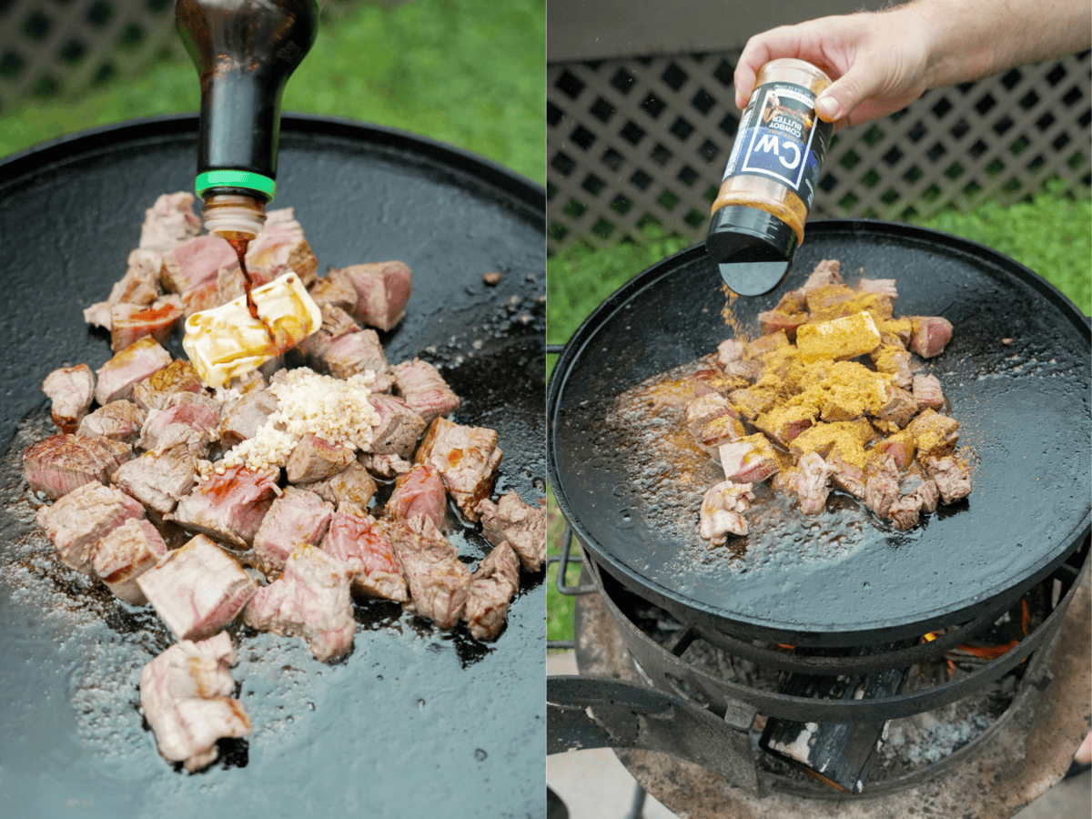 Seasoning cubed filets with sauce and Cowboy Butter Rub on a plancha on the grill