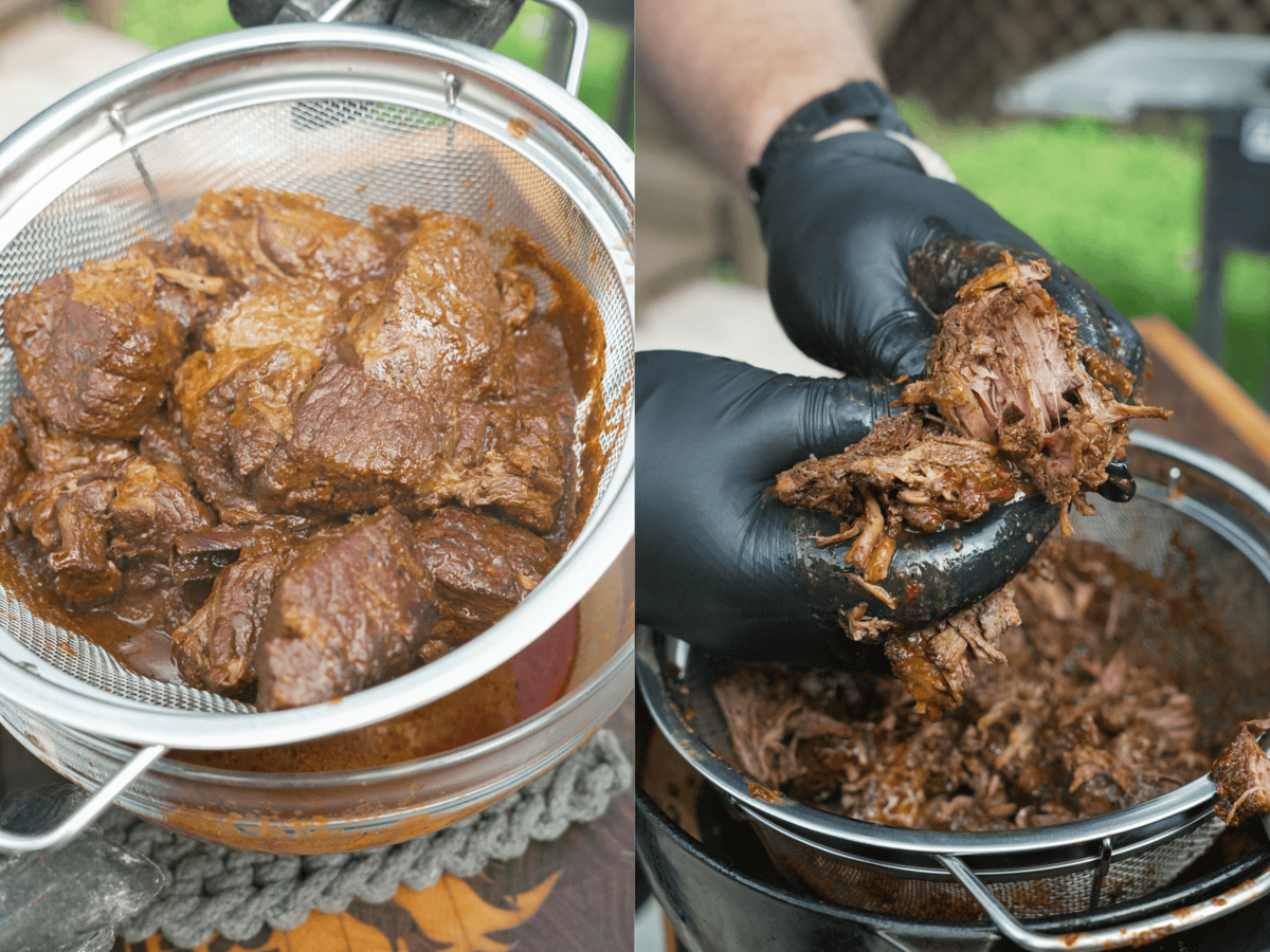 Straining and shredding the birria beef. 