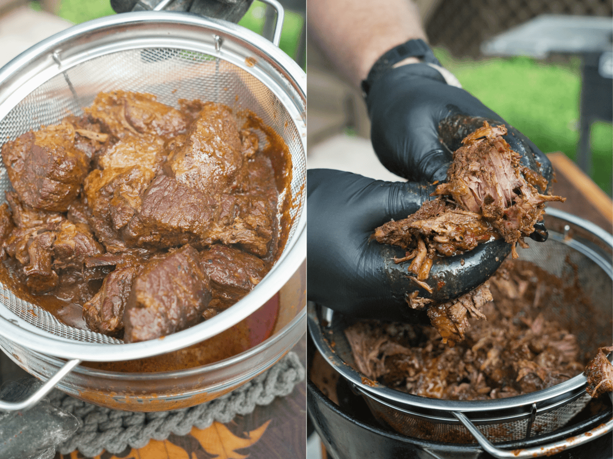 Straining and shredding the cooked chuck roast, with gloved hands holding the shredded beef