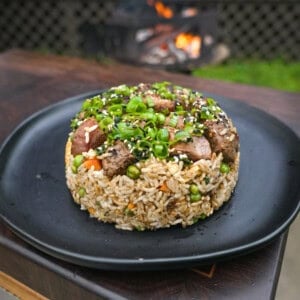 A plate of steak fried rice with peas, carrots, eggs and garnished with scallion greens, sesame seeds and yum yum sauce