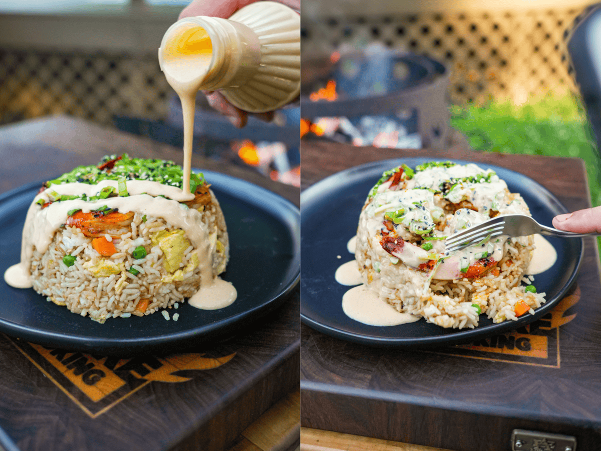 Pouring yum yum sauce out of a bottle onto shrimp fried rice, then showing finished product with sauce on a plate