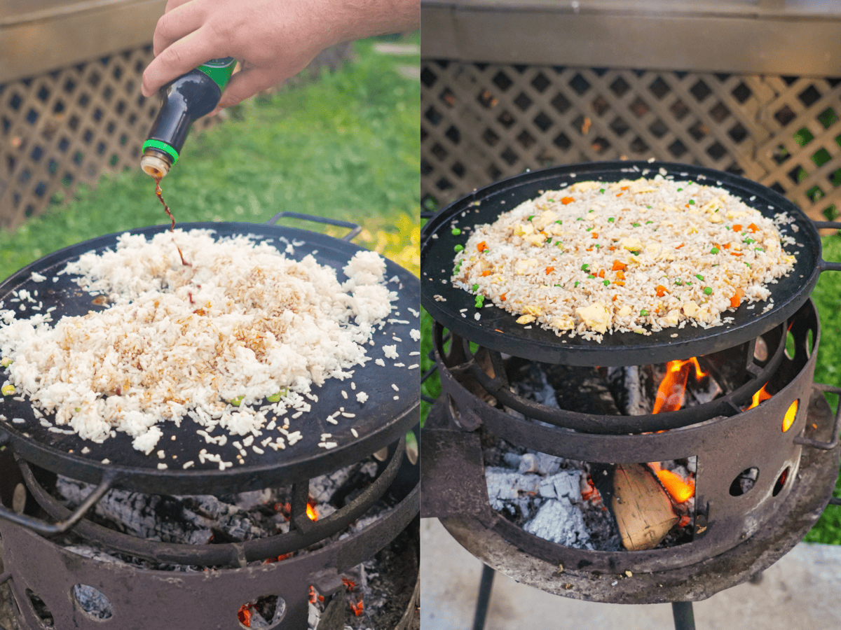 Mixing frozen peas and carrots and scrambled eggs into fried rice on an open fire skillet
