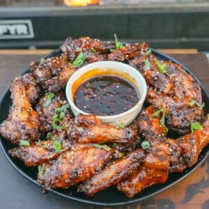 The final dish, serving with dipping sauce on a large plate.