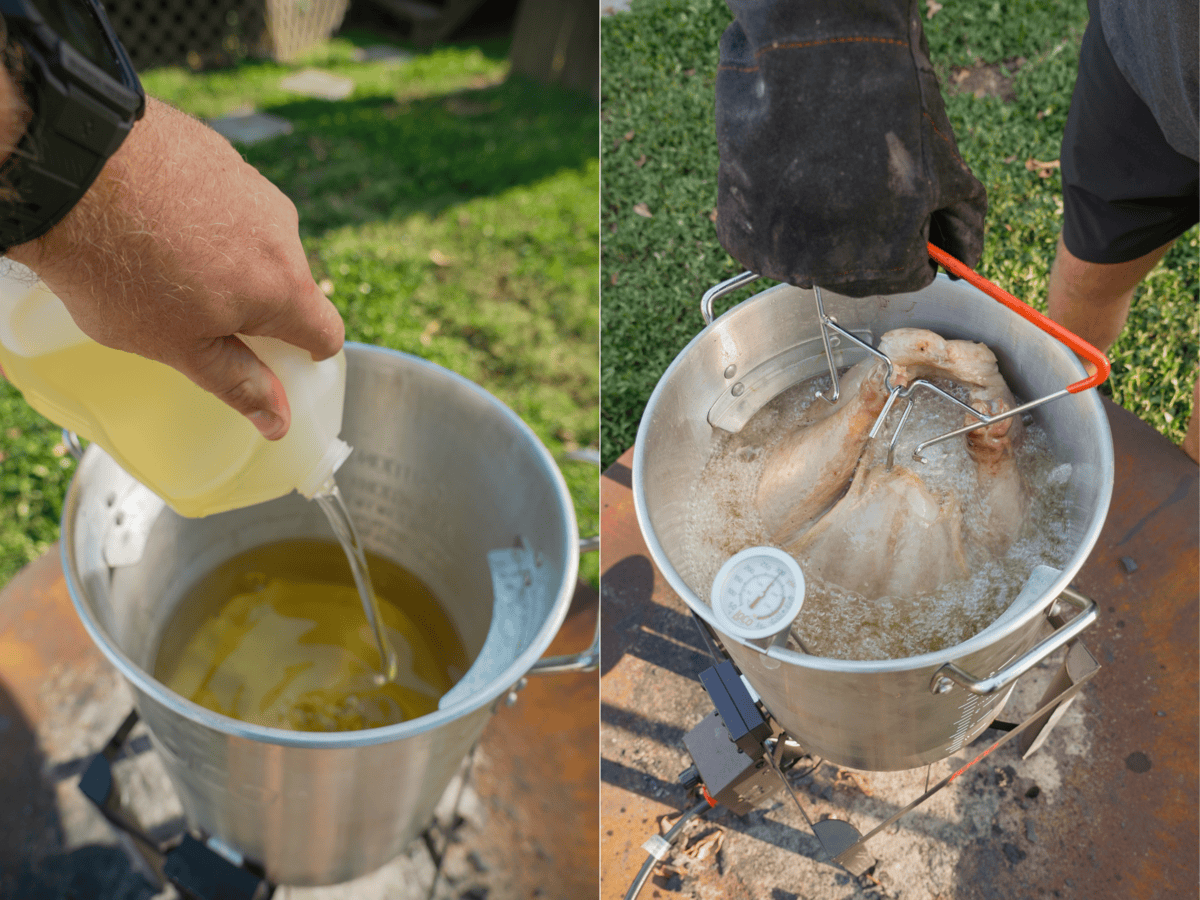 The peanut oil is added into the pot and then the turkey is carefully lowered into the hot oil.
