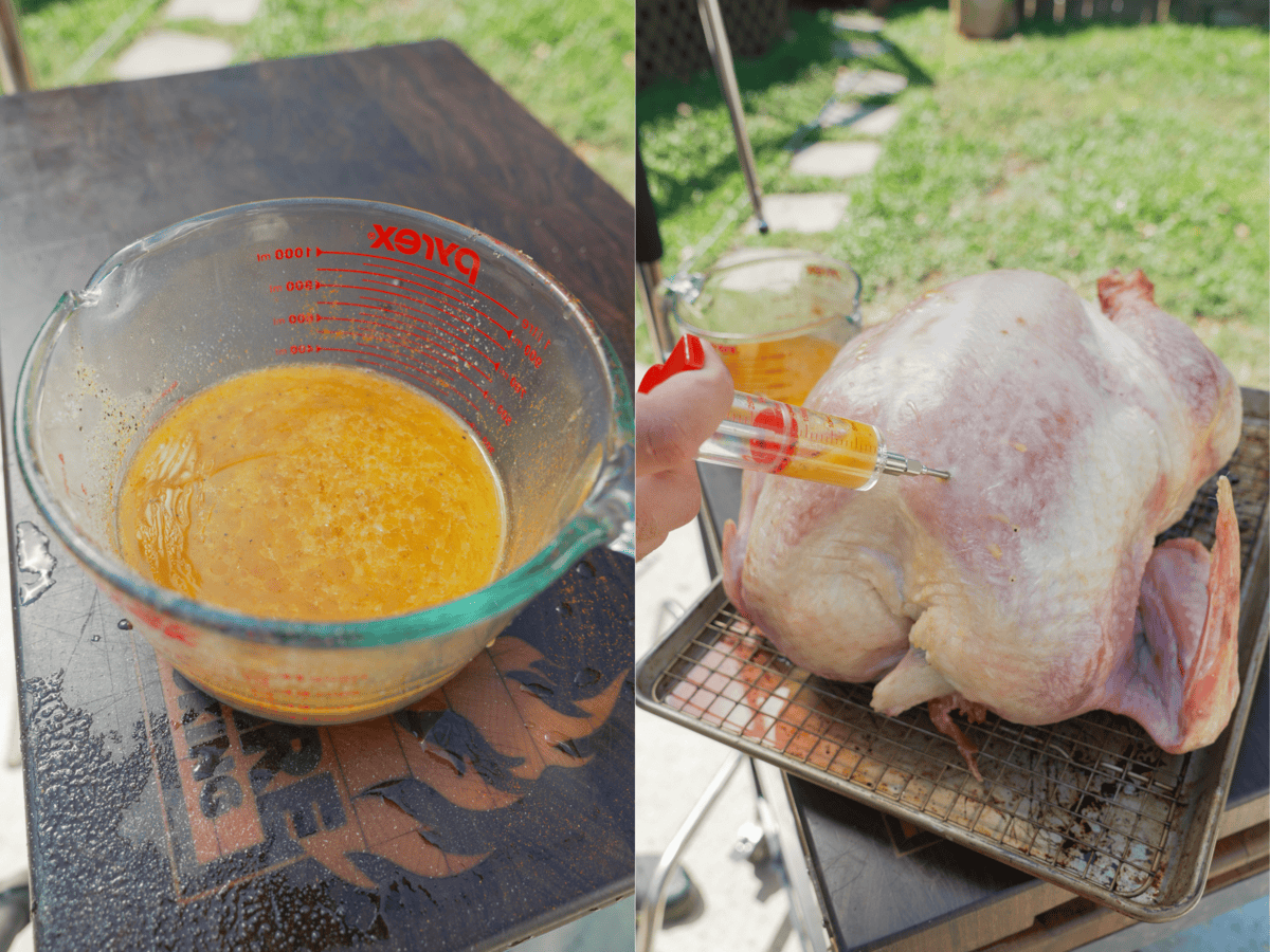 The marinade is prepared for injection into the turkey to achieve maximum flavor and juiciness.