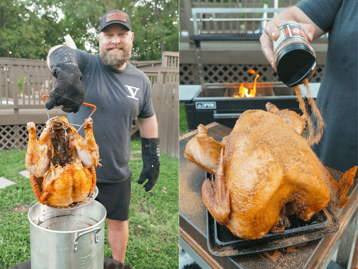 Derek Wolf smiles as he pulls the golden turkey out of the hot oil, wearing his safety gear. 