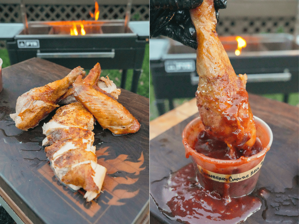 The Deep Fried Turkey is sliced and dipped into an amazing sauce. 