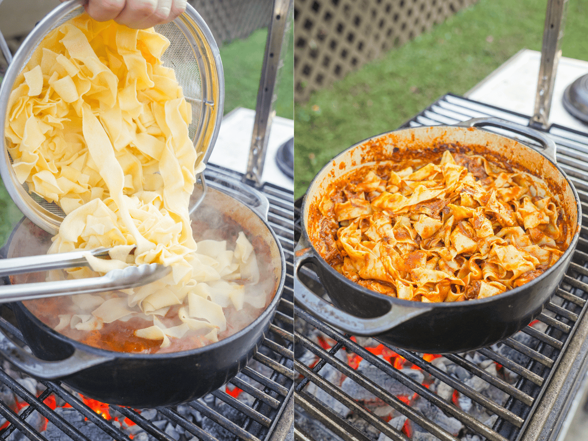 Pouring pasta from a fine mesh strainer into the braised beef ragu and tossing with tongs, then showing the pasta and sauce together in the Dutch oven over the grill