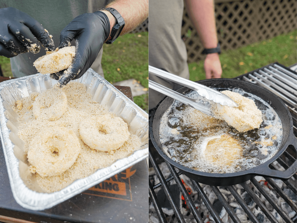 Side by side view of the stuffed onions before they are placed in hot frying oil and fried to crispy perfection.