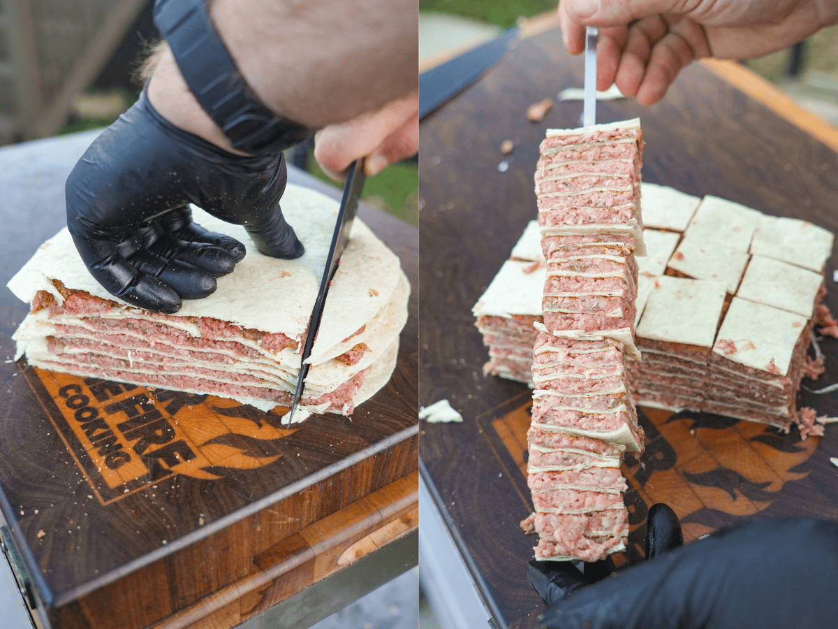 the kebabs are assembled with the seasoned meat and tortillas and ready to grill.