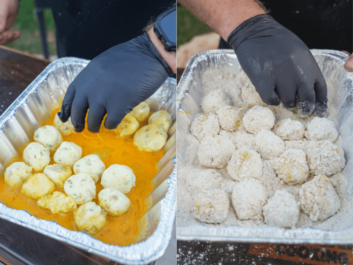 Dredging jalapeño popper croquettes in egg wash and then rolling in flour and breadcrumb mixture