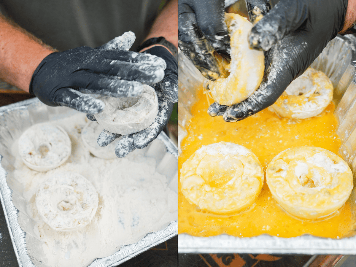 The onions are dredged in flour, eggs, and bread crumbs for the perfect crunch in every bite.