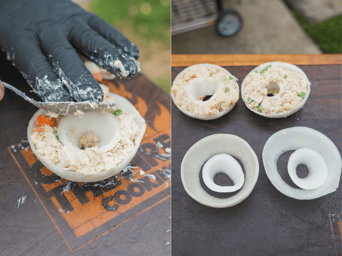 The sliced white onions are stuffed with the Thanksgiving leftovers.