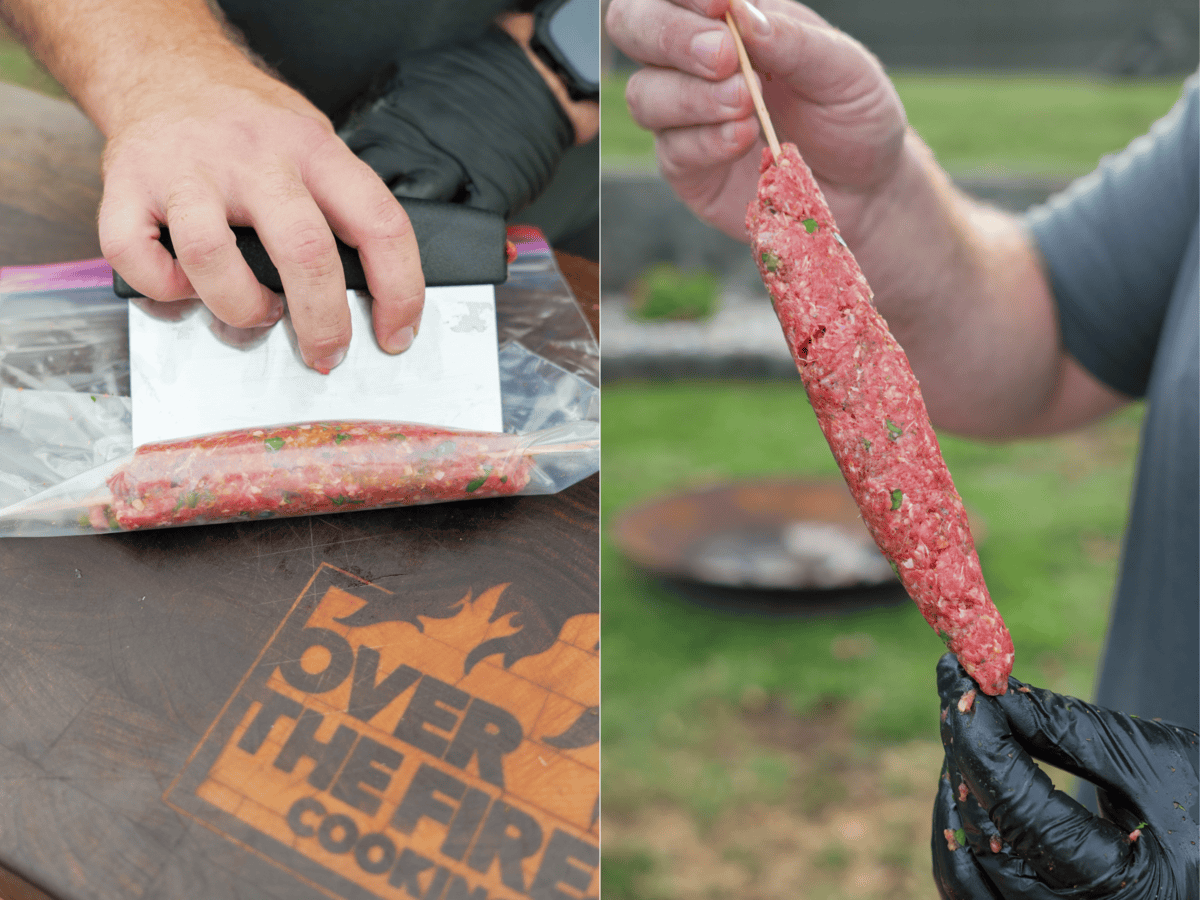 Using a plastic bag and wooden skewers to form ground beef into kebabs