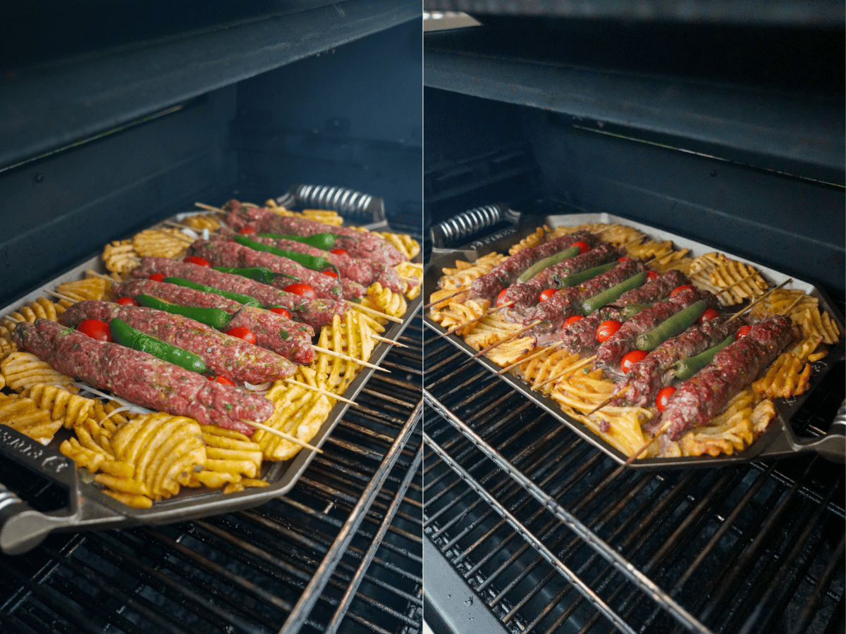 Smoking the platter on the grill, and then a progress photo of the smoked platter with waffle fries, cherry tomatoes, sliced onion and chile peppers