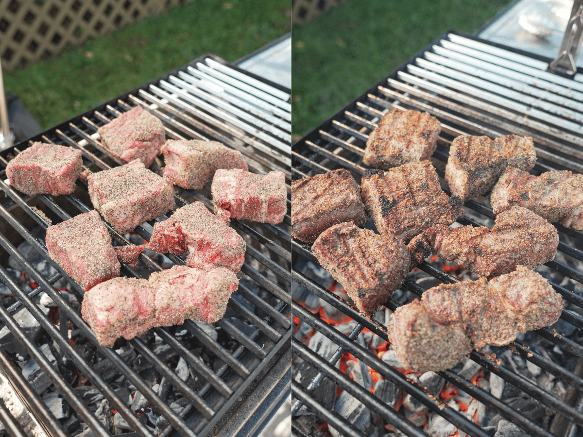 Searing pieces of chuck roast on the grill