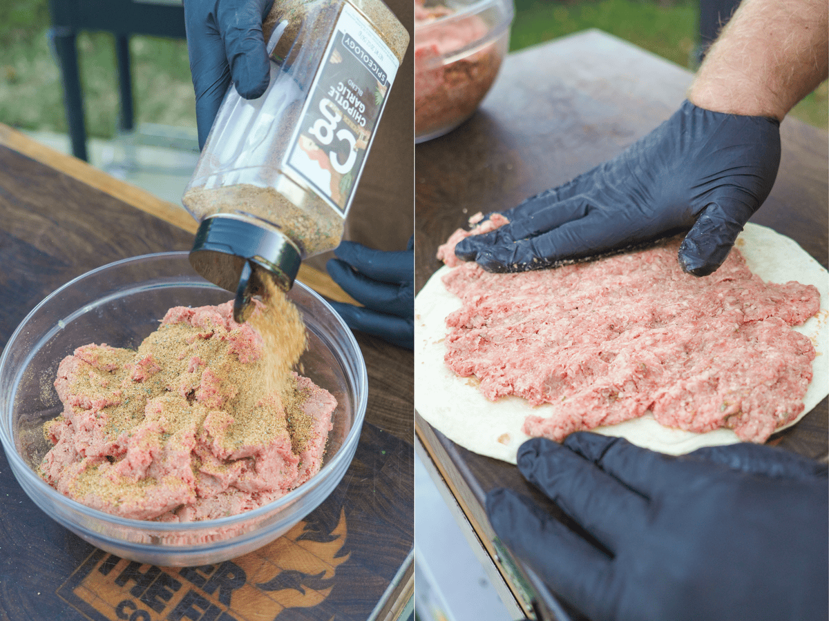 The meat is seasoned with taco seasoning before it's pressed onto each tortilla to make layers.