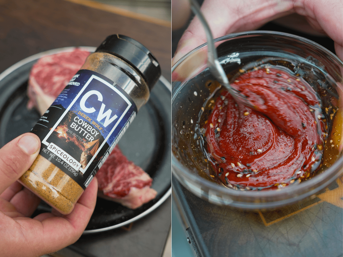 Using Derek Wolf's Cowboy Butter Seasoning to flavor ribeye and mixing together ingredients like gochujang for bibimbap sauce