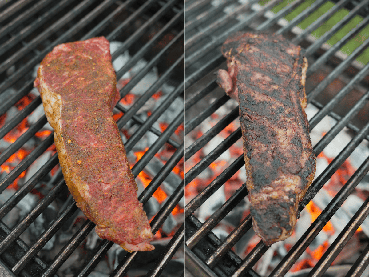 Progress photos of seasoned ribeye cooking on the FYR Grilll, with raw on the left and seared on the right