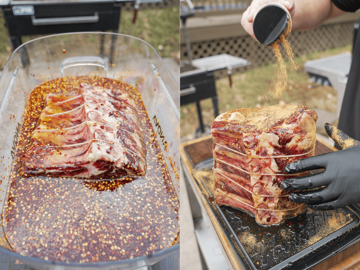 Adding a prime rib roast to the hot honey cure and then seasoning with steak rub the following day before smoking