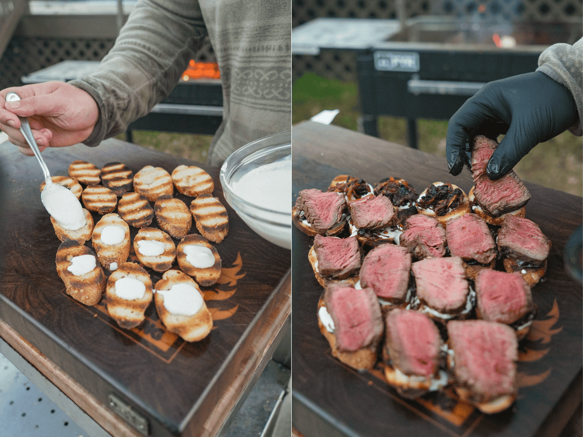 The French Onion Steak Crostini are assembled, each one layered with horseradish cream and juicy filet mignon.