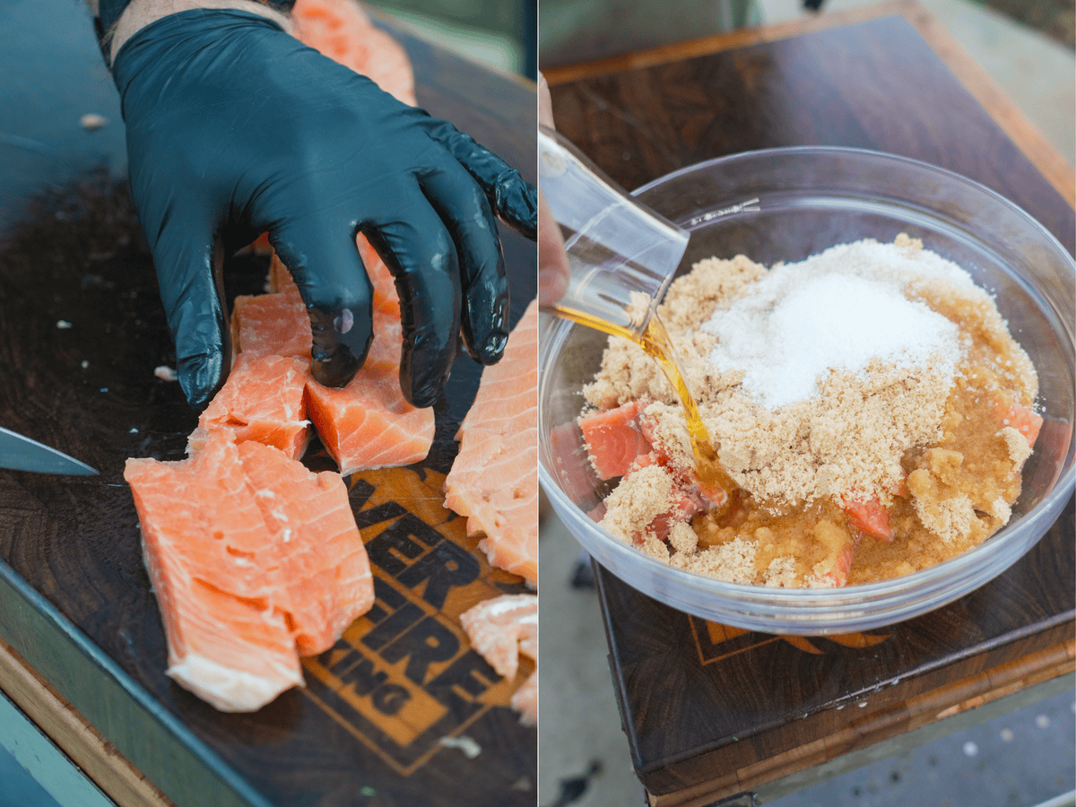 Cubing the salmon and mixing together salt, brown sugar for the cure