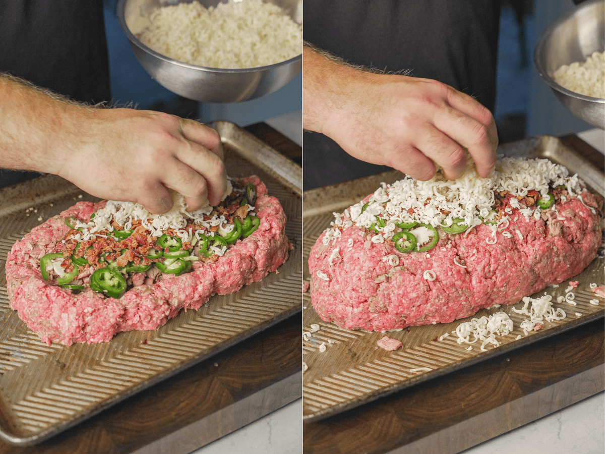 Filling ground beef with cheese, brisket, jalape&ntilde;os and bacon bits and then topping the ground beef with the same ingredients