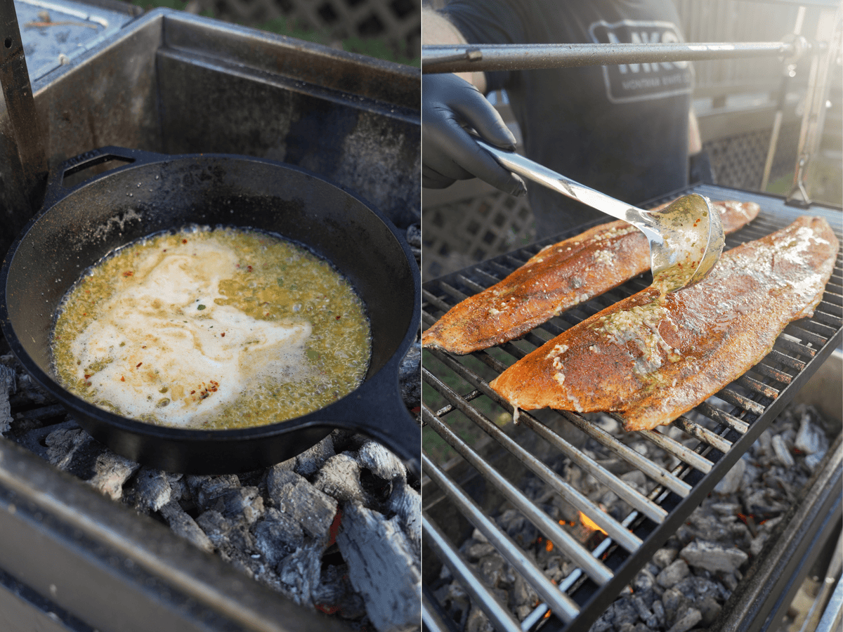 Melting ingredients for cowboy butter in a cast iron skillet on the grill, with salmon fillets cooking on the grill grates
