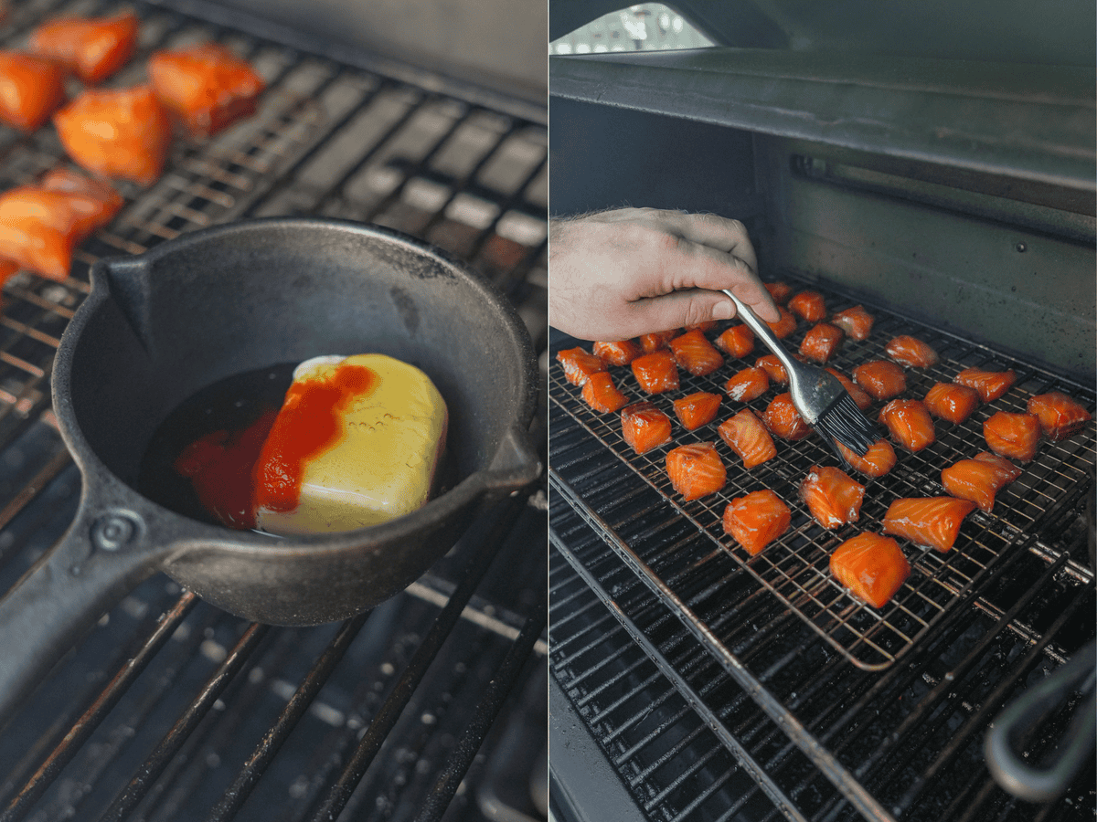Melting butter in a small cast iron pot for the honey sriracha glaze, then brushing the glaze on the salmon cubes while they're in the smoker