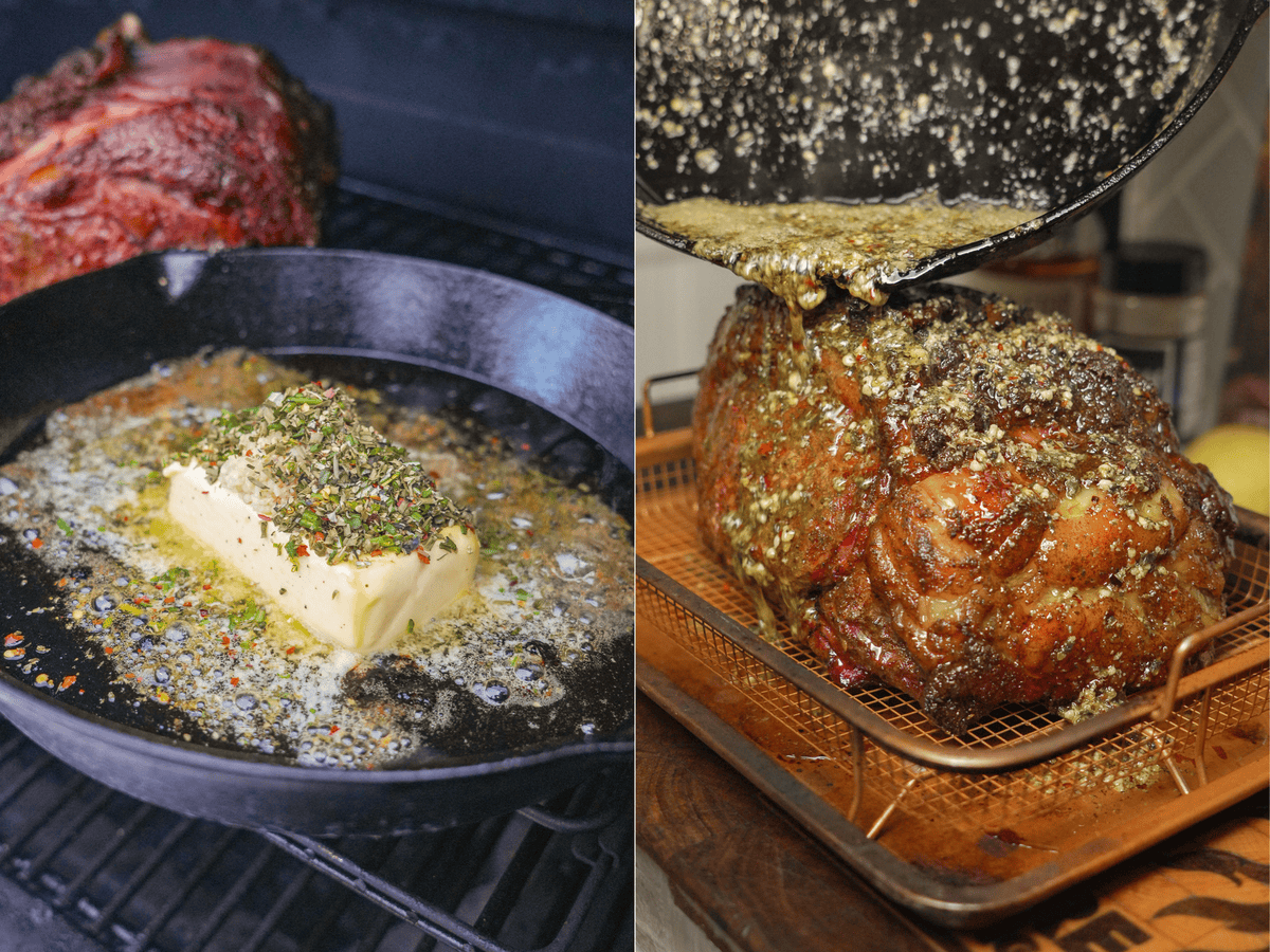 There are two images side by side; the one on the left shows the butter sauce preparation in the cast iron skillet. The photo on the left shows the prime rib getting drenched in the sauce.